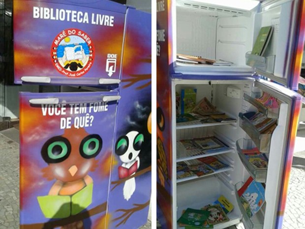 Geladeira com livros fica aberta para pessoas escolherem (Foto: Artur Leite/ Vanguarda Repórter)