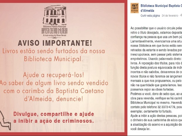 Aviso foi publicado na rede social para destacar a frustração após a descoberta de mais dois furtos na Biblioteca Municipal Baptista Caetano d'Almeida em São João del Rei (Foto: Reprodução/Facebook)